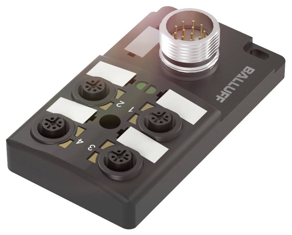 Modulares Sensor-Interface-Modul, rechteckig, mit vier runden Steckverbindungen und einem Stecker an der Oberseite, Herstellername sichtbar.