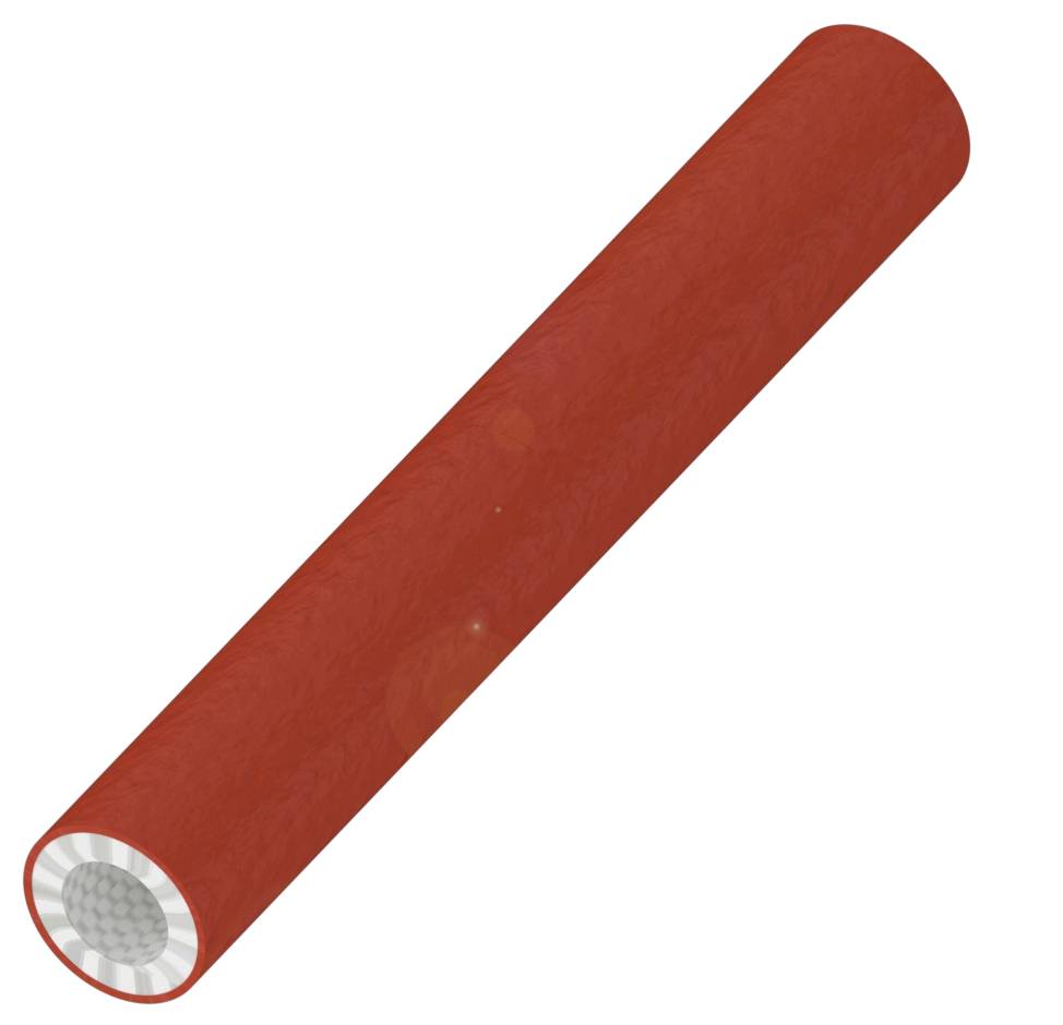 Ein rotes, zylindrisches Objekt mit einer silbernen, kreisförmigen Öffnung an einem Ende, enthaltend mehrere kleinere Kreise.