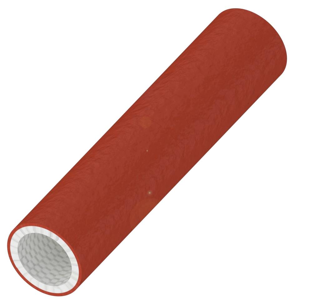 Ein rotes, zylindrisches Rohr mit einer grauen Innenschicht wird diagonal von der rechten unteren Ecke zur linken oberen Ecke dargestellt.