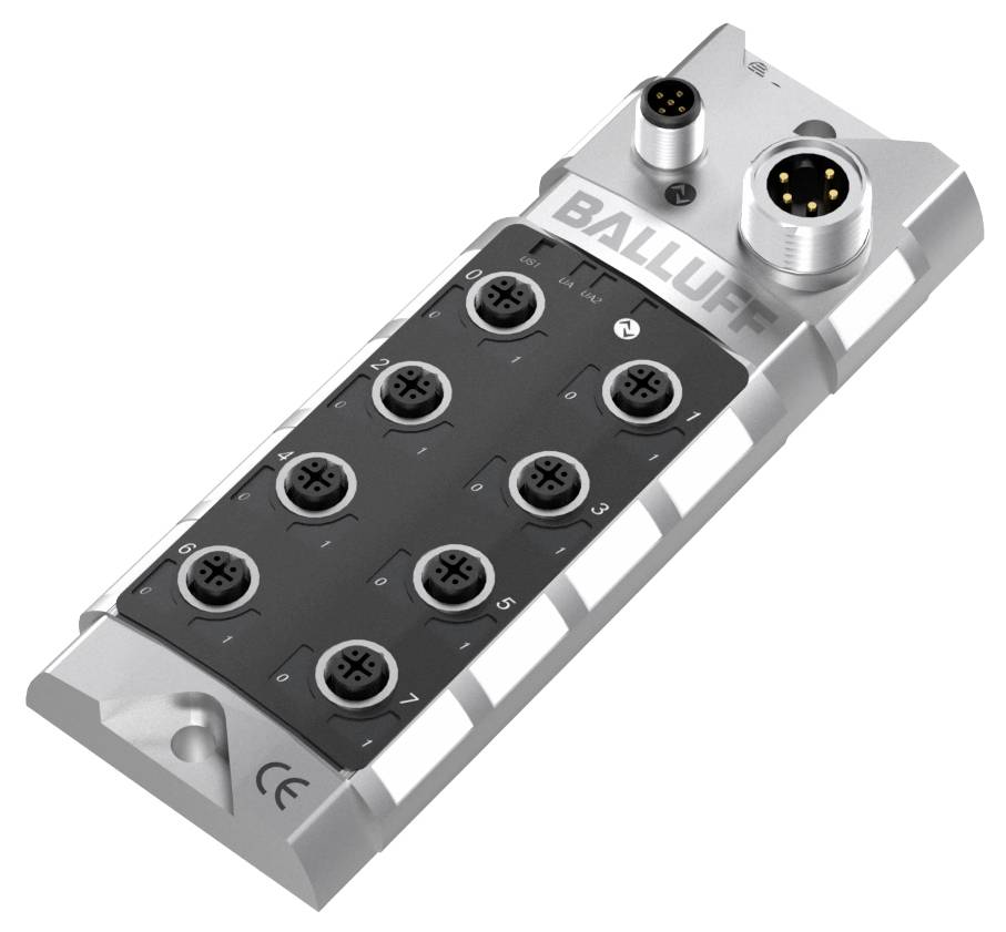 Industrielles I/O-Modul mit acht Steckplätzen und zwei Steckverbindern auf der Oberseite, geeignet für robuste Anwendungen.