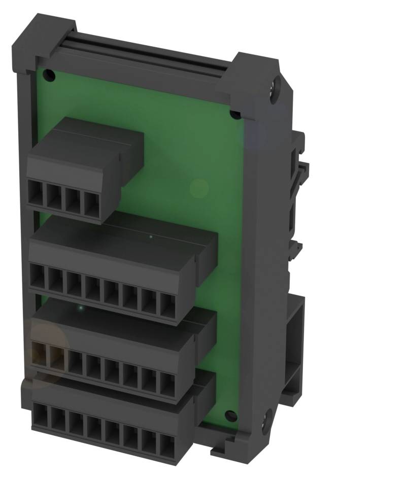 Ein schwarzes elektronisches Modul mit mehreren Anschlussklemmen auf grüner Platine; wahrscheinlich für elektrische Verbindungen.