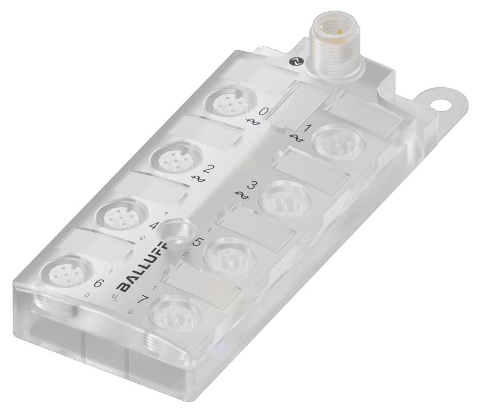 Transparente Verteilerbox mit mehreren runden Steckplätzen, beschriftet von 0 bis 7, mit 'Balluff'-Logo auf der Oberseite.