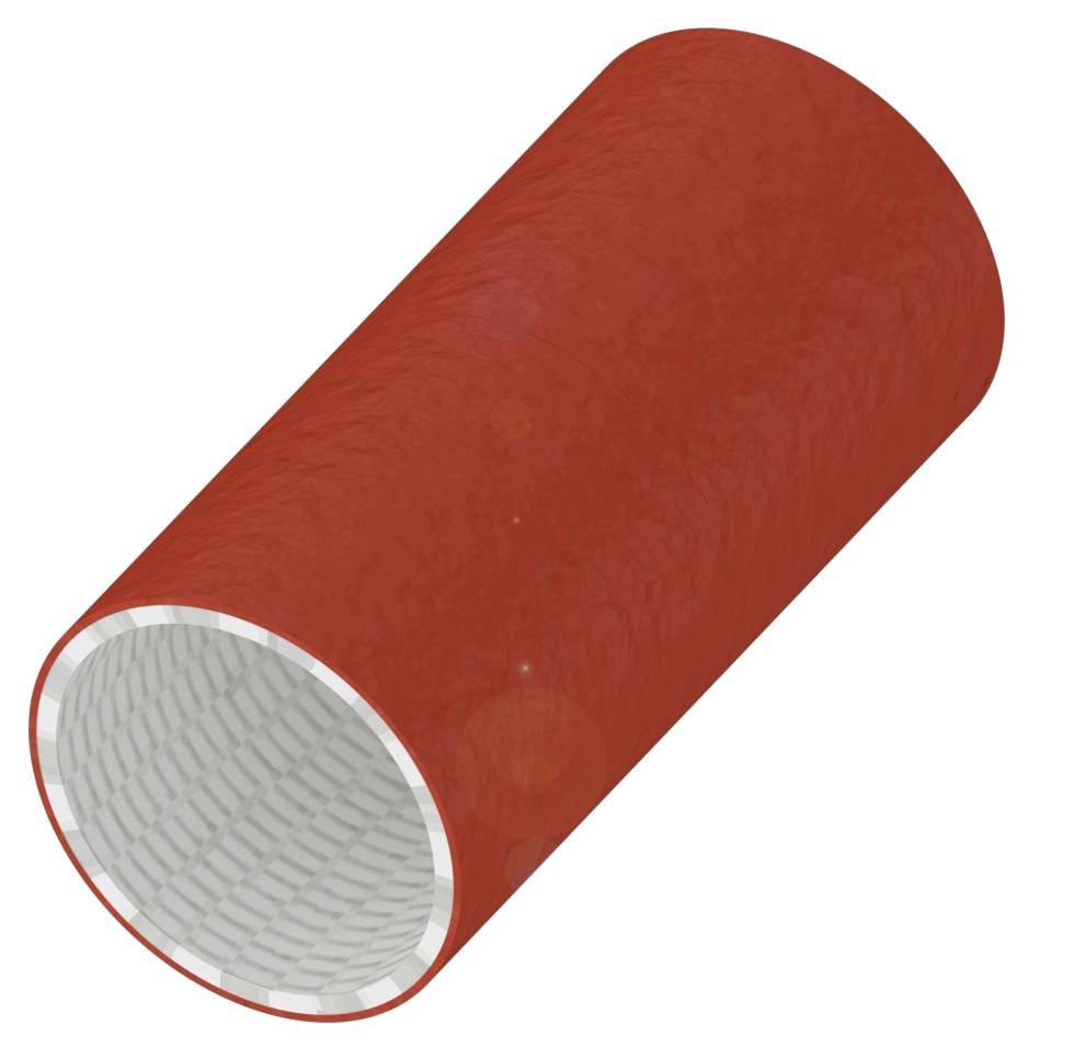 Rotes, zylinderförmiges Rohr mit weißem Innengeflecht, diagonal liegend. Darstellung einer Materialstruktur oder technischen Komponente.