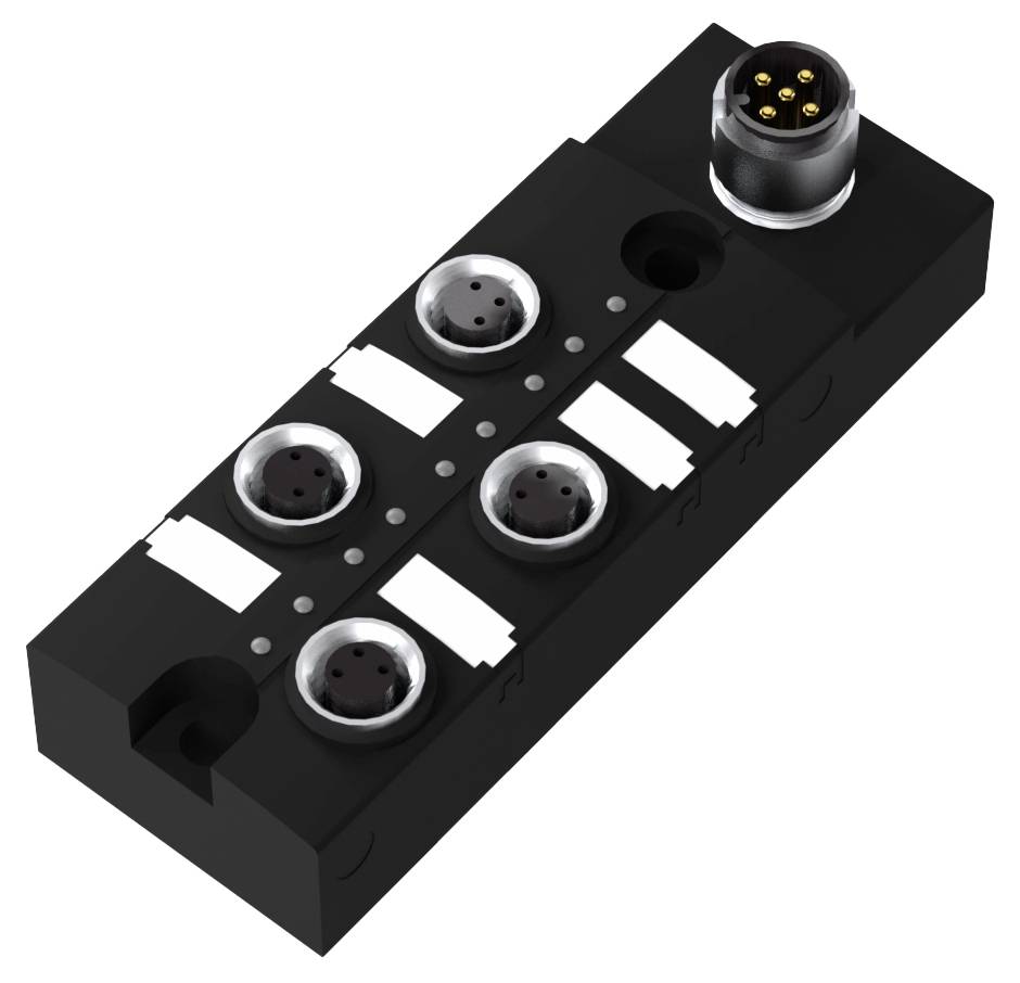 Ein schwarzer elektrischer Verteilerblock mit fünf runden Steckverbindern. Oben rechts befindet sich ein größerer Stecker.