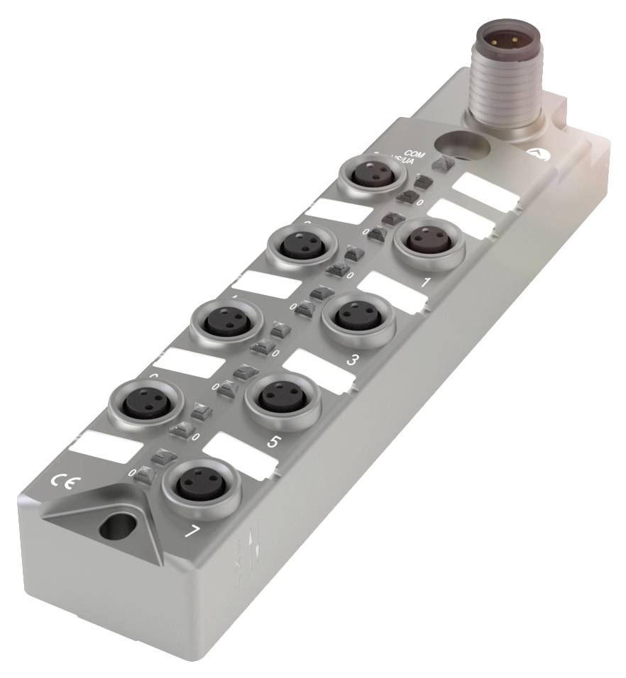 Industrielles IO-Link Modul mit acht Ports zur Sensor- und Aktoranbindung, mit Stromeingang für industrielle Automatisierungssysteme.