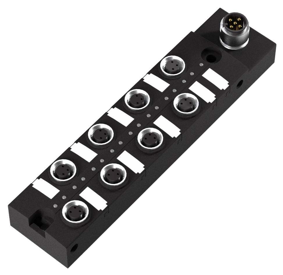 Ein schwarzer elektrischer Anschlussblock mit neun runden Anschlussbuchsen, geeignet für industrielle Anwendungen.