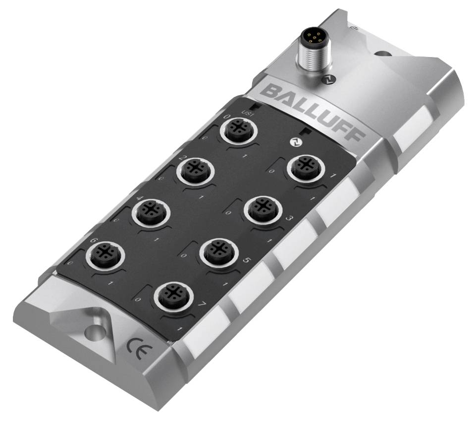 Ein silbernes Sensor- und Aktor-Hub von Balluff mit acht schwarzen Anschlussbuchsen und beschrifteten Ports zur industriellen Automatisierung.