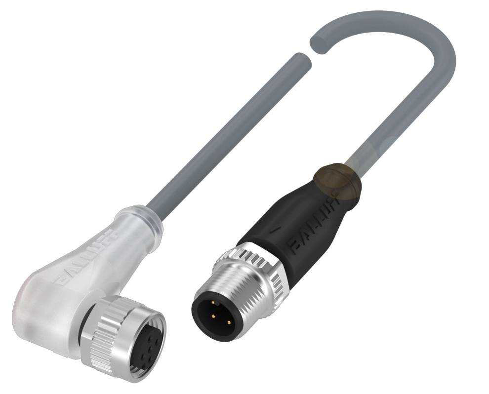 Ein abgewinkelter und ein gerader Stecker mit Verbindungskabeln für industrielle Anwendungen, schwarzes und graues Design.