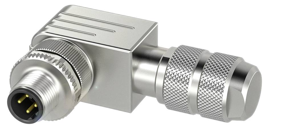 Ein rechtwinkliger, metallischer Stecker mit mehreren Pins, geeignet für industrielle Anwendungen.