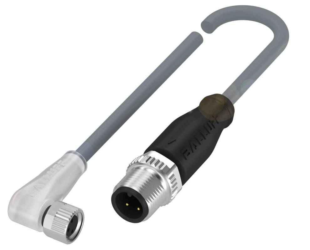 Ein gewinkelter und ein gerader Stecker mit Kabeln. Beide Stecker haben runde Metallverbindungen, passend für technische Anwendungen.