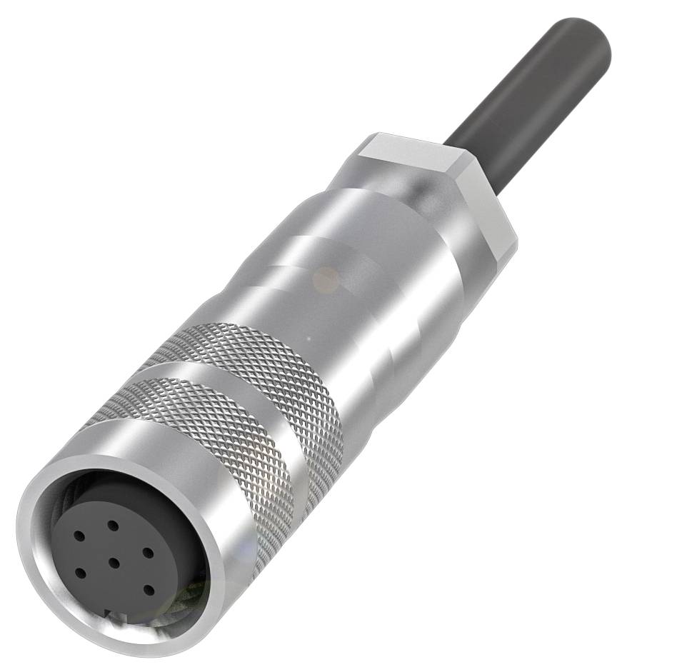 Silberner, zylindrischer Metallstecker mit sechs runden Kontaktbuchsen. Am Ende ist ein schwarzes Kabel angeschlossen.