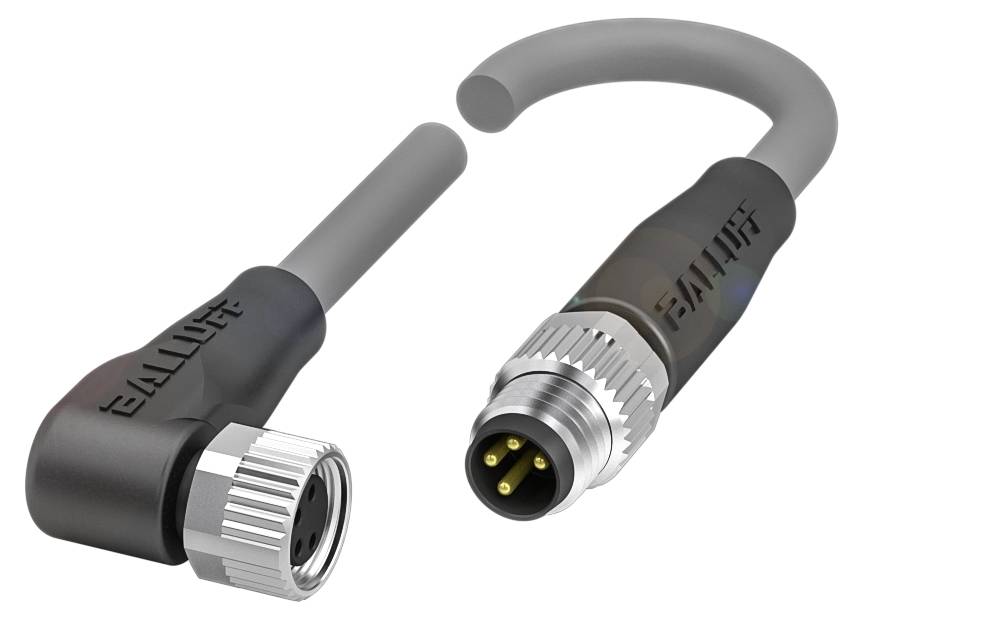 Ein schwarzer, abgewinkelter M12-Steckverbinder mit Gewinde und vier sichtbaren Pins, neben einem passenden Kabel mit Mutter.