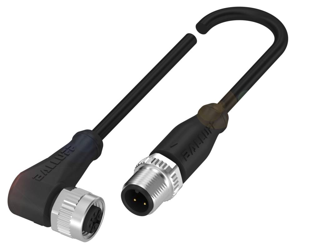 Zwei schwarze, L-förmige elektronische Steckverbindungen mit Metallgewinde, verbunden durch ein schwarzes Kabel.
