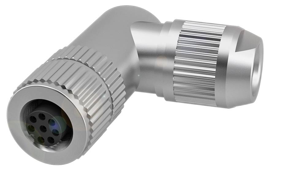 Ein rechtwinkliger metallischer Steckverbinder mit mehreren Pins.