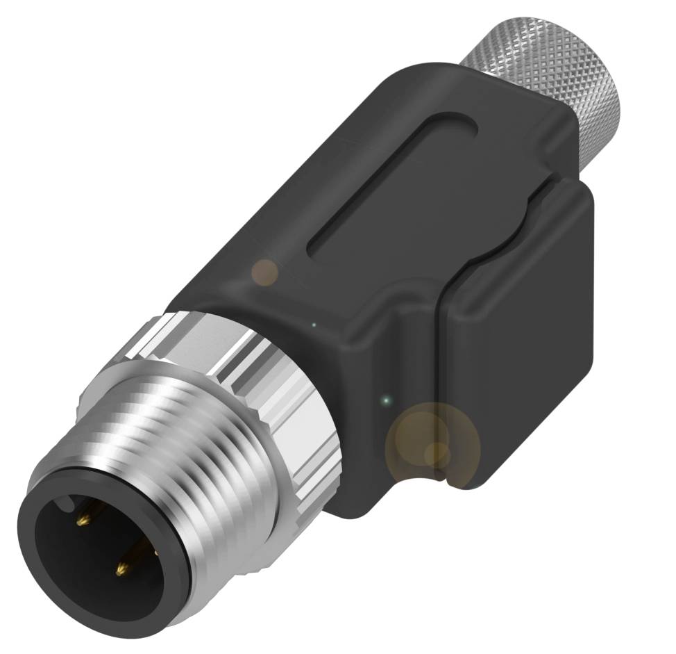 Schwarzer, rechteckiger Steckverbinder mit silbernem Metallgewinde und zwei goldfarbenen Stiften. Verwendet für elektrische Verbindungen.