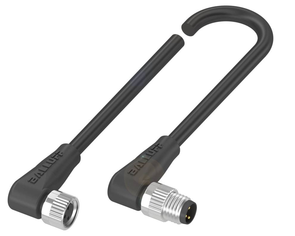 Zwei schwarze elektrische Kabel mit Metallsteckern, gekennzeichnet mit 'Balluff', eines mit gebogenem Ende, das andere gerade.
