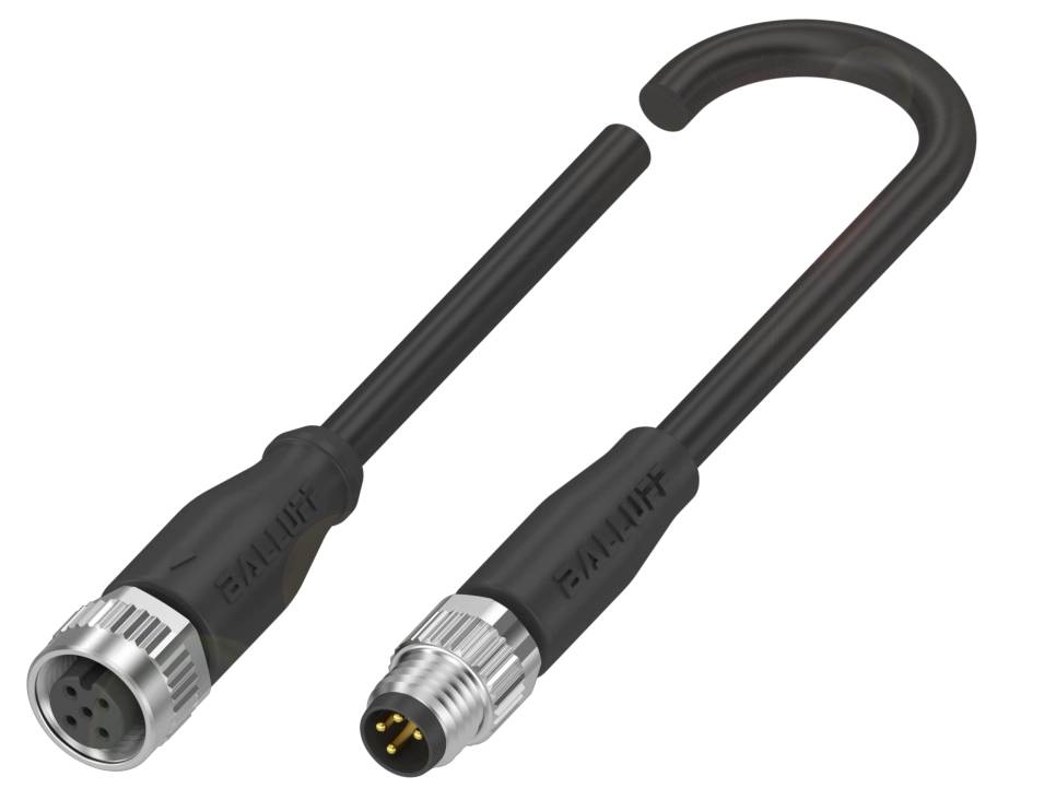 Ein schwarzes M12-Powerkabel mit zwei Steckverbindern: ein weiblicher und ein männlicher. Geeignet für industrielle Anwendungen.