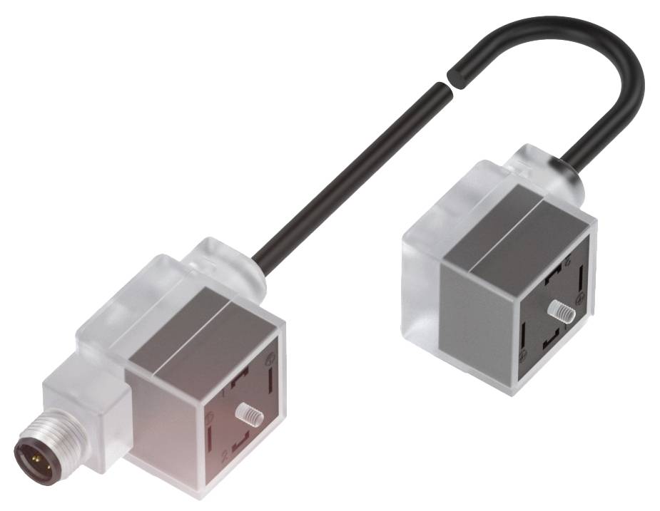 Ein Steckverbinder mit transparentem Gehäuse und schwarzem Kabel. Er hat eine quadratische Form und einen Metallanschluss.