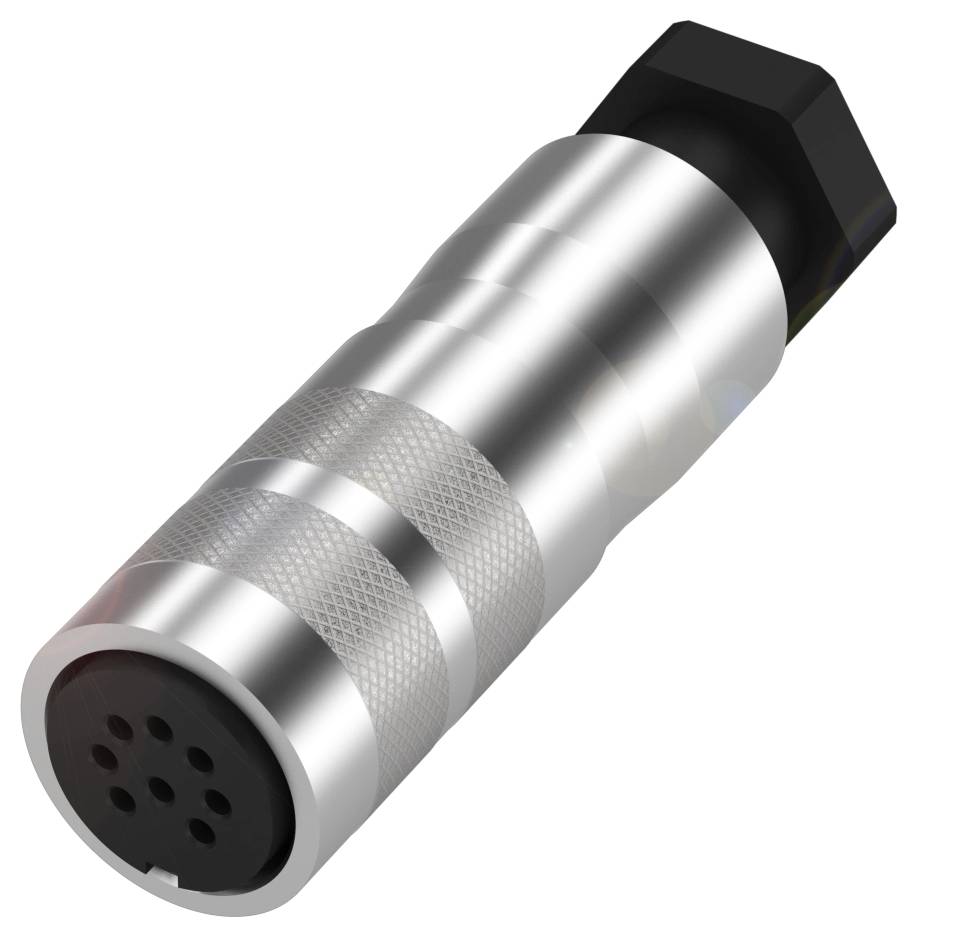 Metallischer Stecker mit mehreren Pins und strukturiertem Griff, schwarzes Sechskantende.