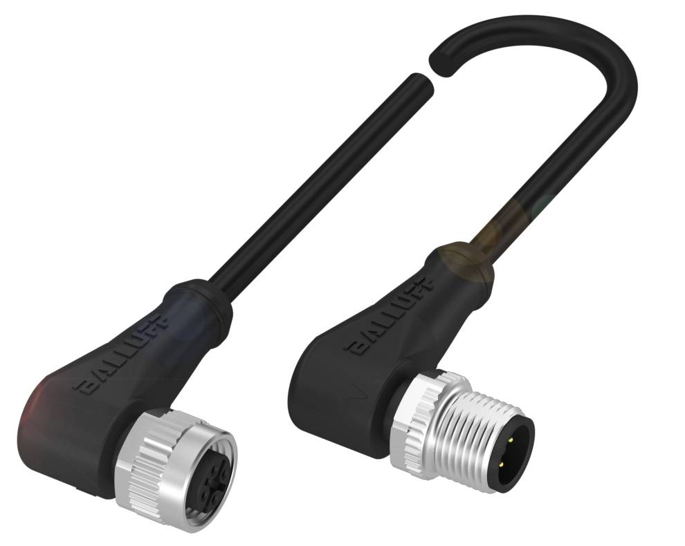 Zwei schwarze Steckverbinder mit Metallringen und gebogenen Kabeln, zeigen unterschiedliche Anschlüsse. Produkt von Balluff.