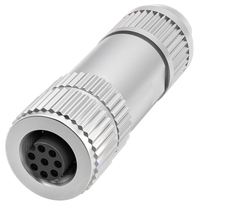 Ein silberner, metallischer Adapterstecker mit geriffeltem Gehäuse und mehreren Steckanschlüssen, möglicherweise für technische Anwendungen.