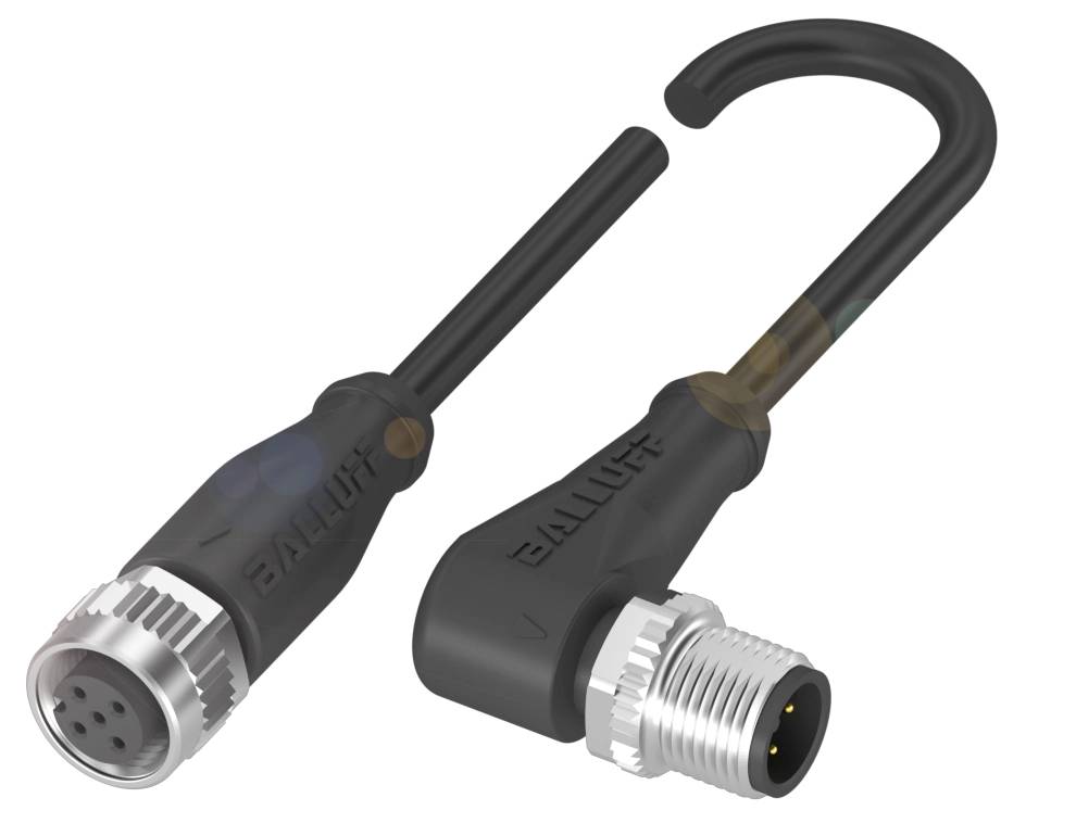 Zwei schwarze, abgewinkelte M12-Steckverbinder mit Beschriftung und Metallgewinde. Einer mit Buchse, der andere mit Stecker.