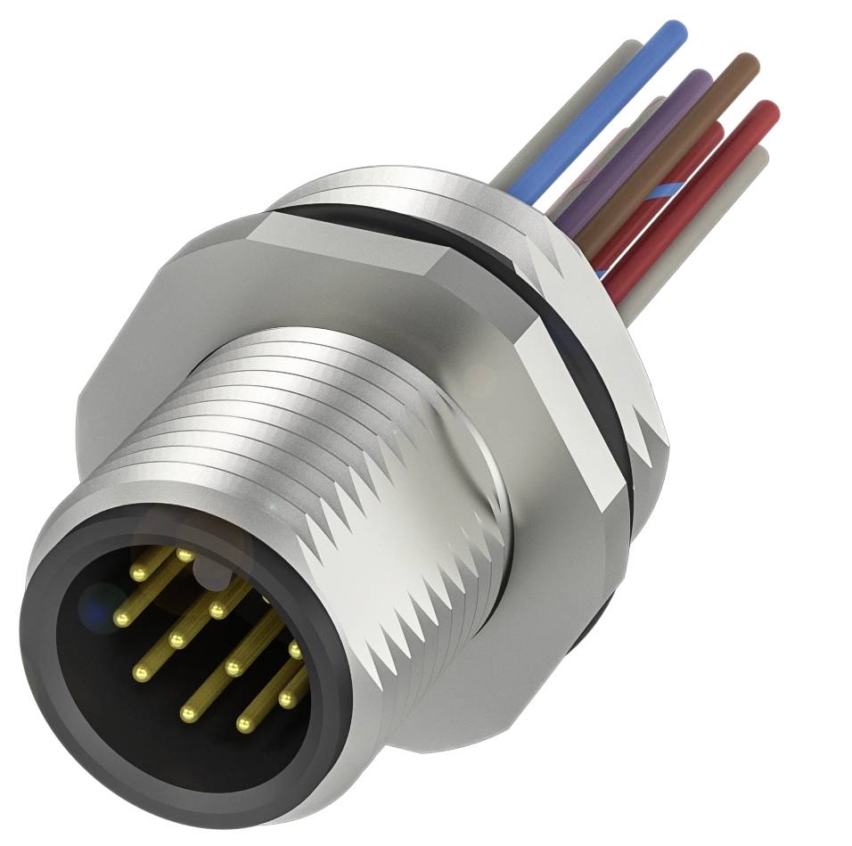 Metallstecker mit mehreren farbigen Kabeln und goldenen Kontakten. Geeignet für industrielle oder elektronische Anwendungen.