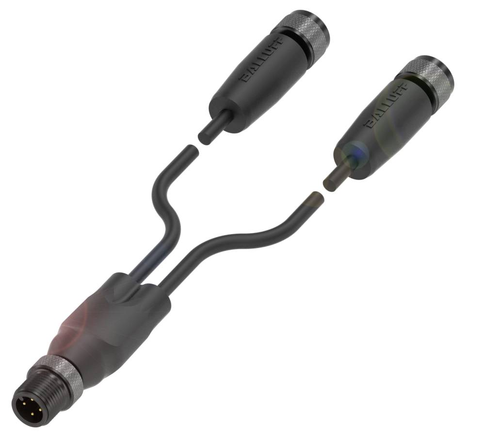 Schwarzes, geteiltes Kabel mit zwei Steckverbindungen oben; eine einzige Steckverbindung unten. Geeignet für industrielle Anwendungen.