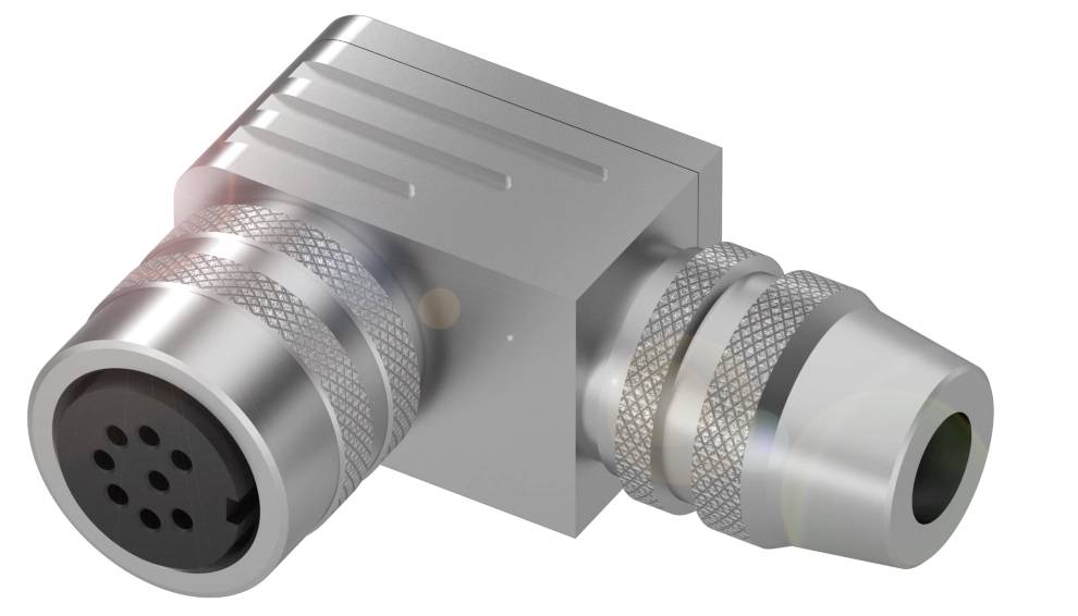Ein silberner, rechtwinkliger Metallstecker mit mehreren Kontaktstiften, geeignet für industrielle Anwendungen oder Kabelverbindungen.