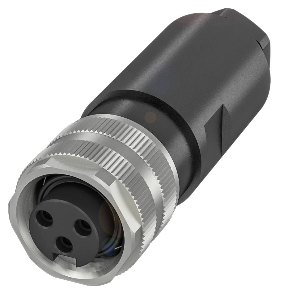 Steckverbinder mit rundem, metallischem Gehäuse und drei Löchern für Kabelanschlüsse, typisch für elektronische Anwendungen.