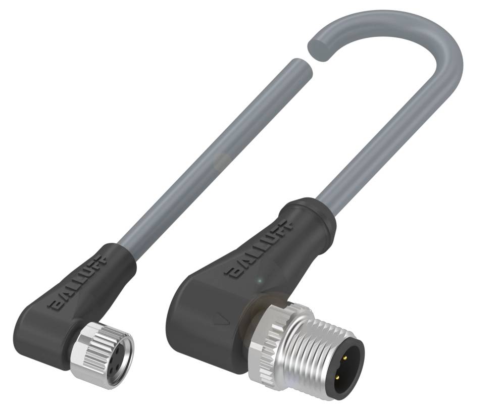 Zwei abgewinkelte Steckverbinder mit schwarzem Gehäuse und grauem Kabel, nebeneinander liegend.