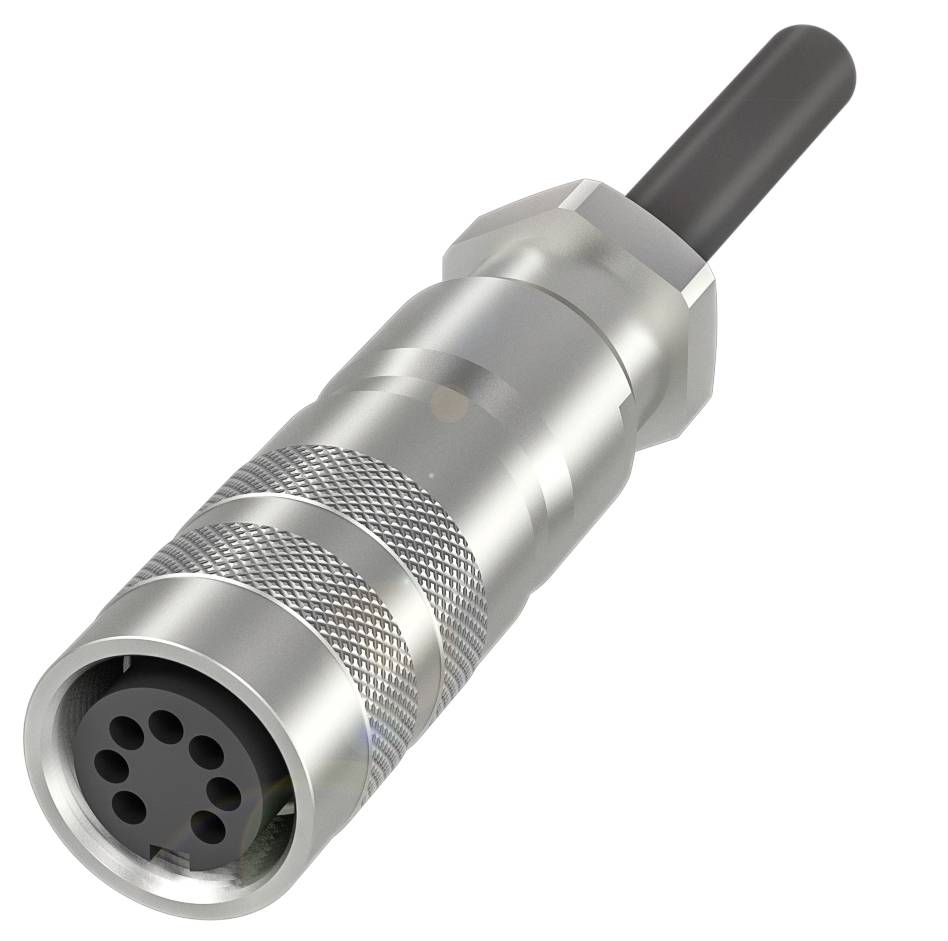 Metallischer Steckverbinder mit mehreren Steckplätzen und einem schwarzen Kabel an einem Ende.