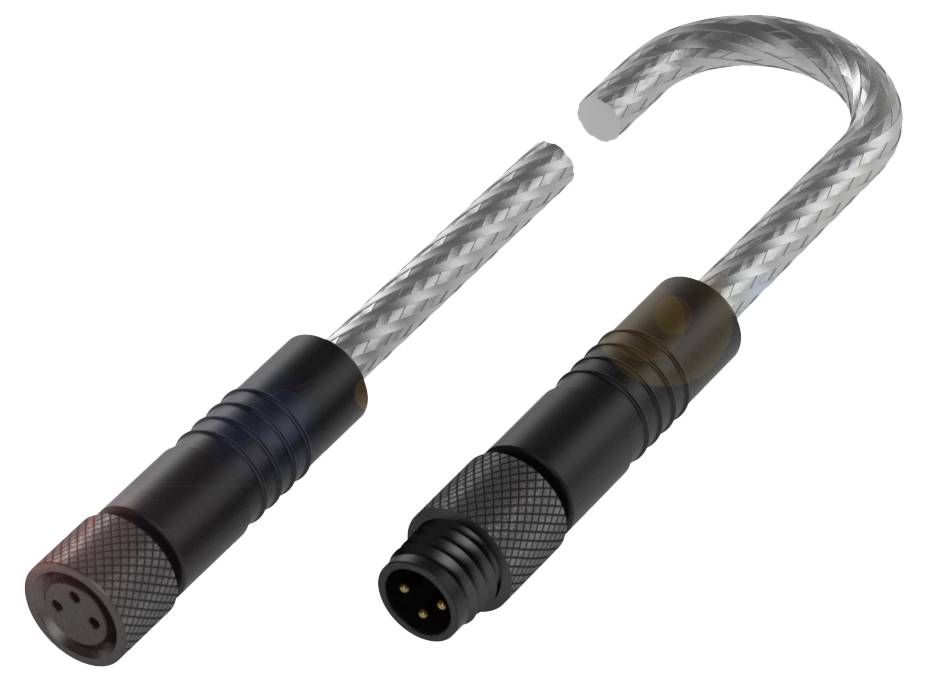Zwei Steckverbinder mit geöffnetem Gehäuse, einer mit männlichem, der andere mit weiblichem Anschluss. Beide haben ein metallisches, geriffeltes Design.