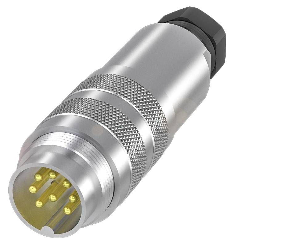 Ein zylindrischer Metallstecker mit acht goldenen Stiften und geriffelter Oberfläche für besseren Halt. Verwendet für industrielle Anwendungen.