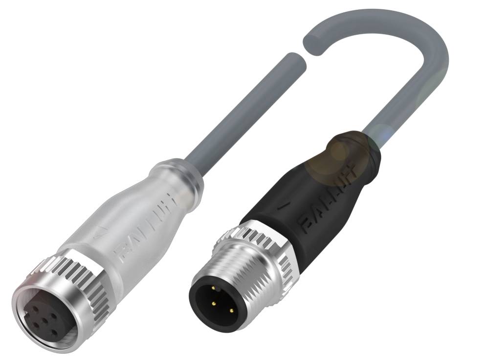 Zwei Rundsteckverbinder mit Metallummantelung, einer silberfarben, einer schwarz, jeweils mit mehreren Stiften für elektrische Verbindungen.