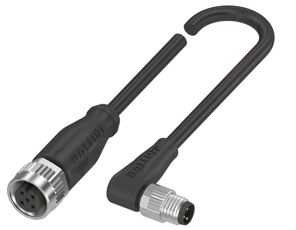 Anschlusskabel mit rundem Stecker und gewinkeltem Stecker. Markiert mit 'Balluff'. Geeignet für industrielle Anwendungen.