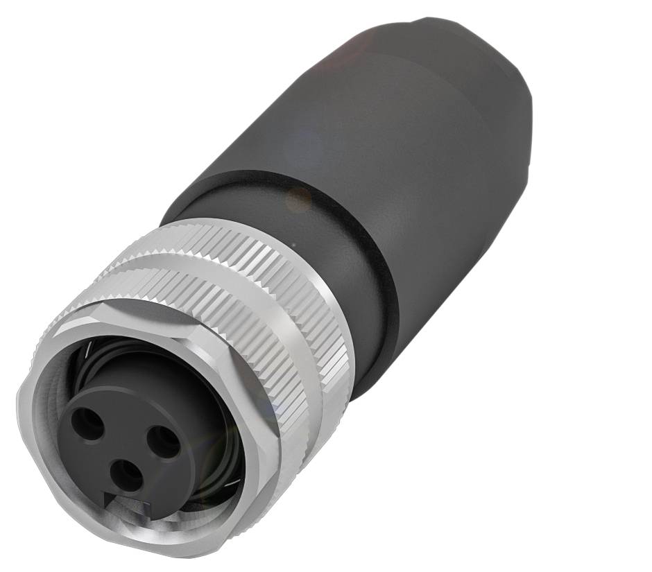Schwarzer Rundsteckverbinder mit silbernem Gewindegehäuse, drei Anschlussbuchsen sichtbar. Ideal für robusten Einsatz.