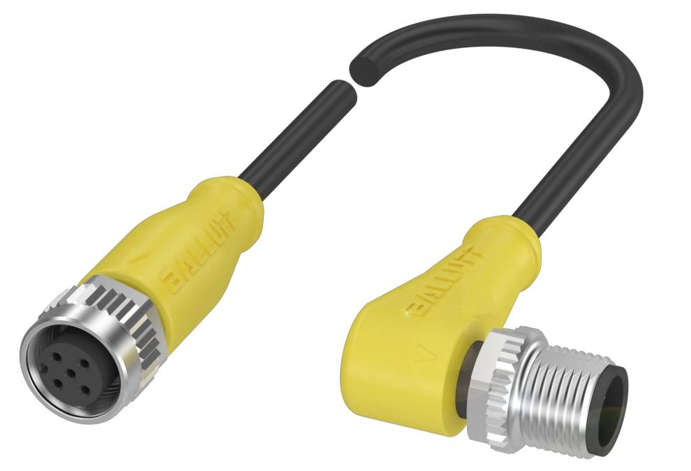 Ein gelbes M12-Steckersystem mit Schraubanschluss und einem gewinkelten Kabel, geeignet für industrielle Anwendungen und robuste Verbindungen.