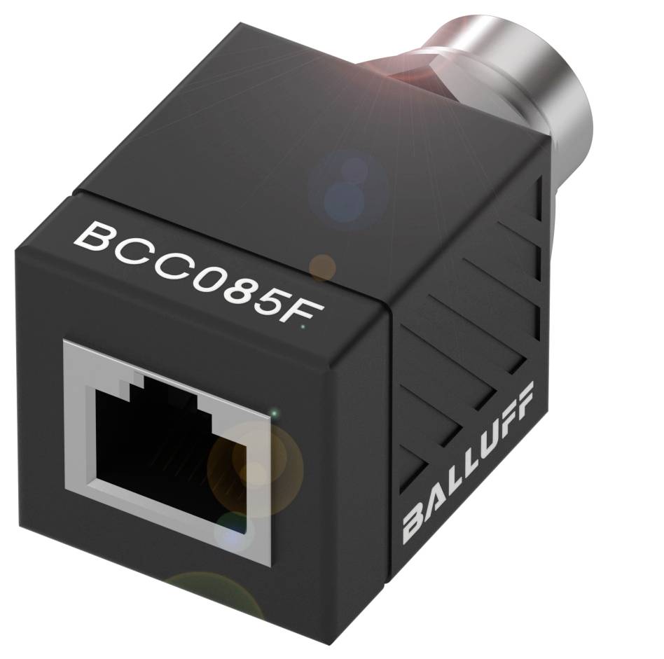 Schwarzer Balluff-Stecker BCC085F, quadratisch mit Ethernet-Anschluss und Metallgewinde für industrielle Anwendungen.