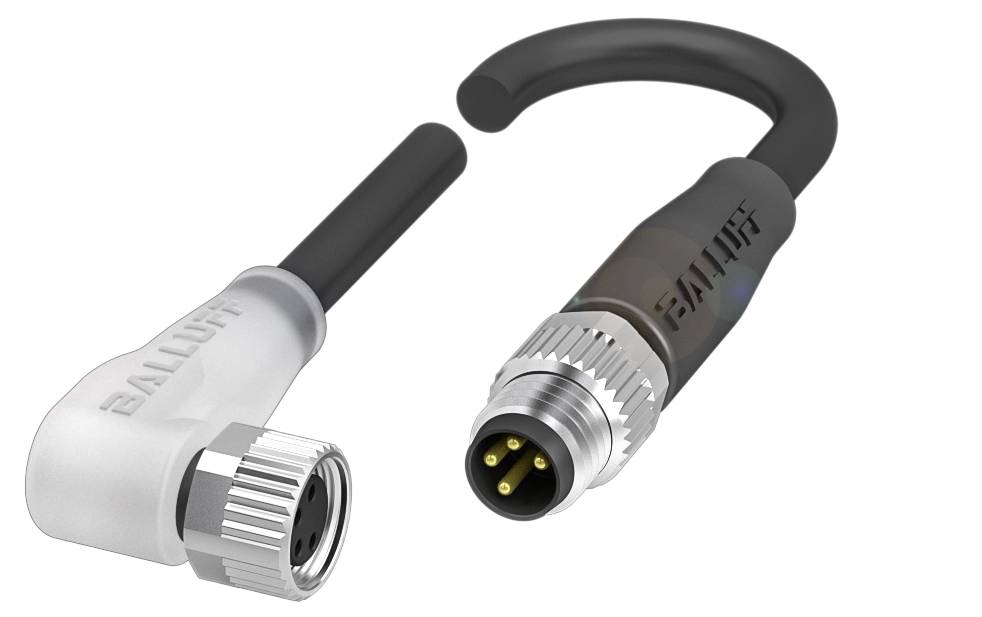 M12-Steckerverbindung mit Winkel- und geradem Anschluss, schwarzes Kabel, silberne Metallhülse, sichtbare Kontaktpins.