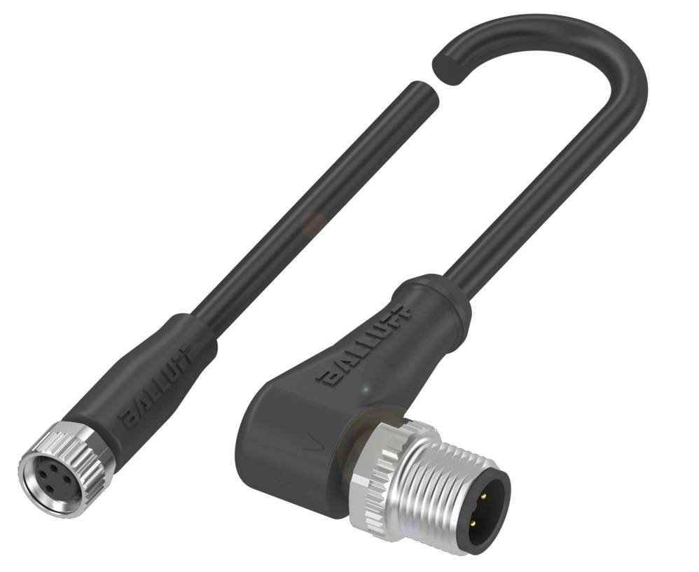 Ein abgewinkelter und ein gerader schwarzer M12-Stecker mit je vier Pins, hergestellt von Balluff, für industrielle Anwendungen.