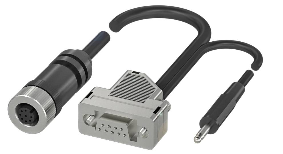 Stecker und Buchsen verschiedener Formate: ein runder, ein rechteckiger und ein Kabelstecker, alle in schwarz und grau.