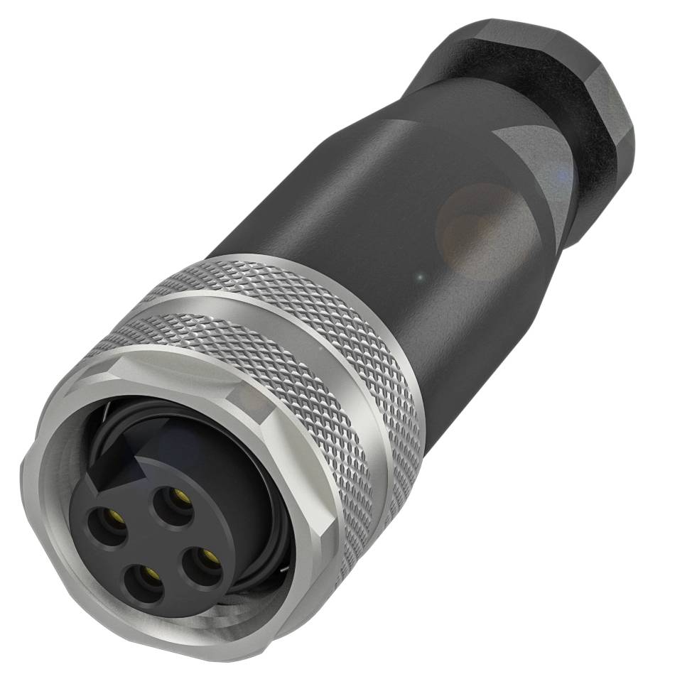 Ein zylindrischer, schwarzer Stecker mit silbernem Gewinde und drei Kontaktstiften, verwendet für elektrische Verbindungen.