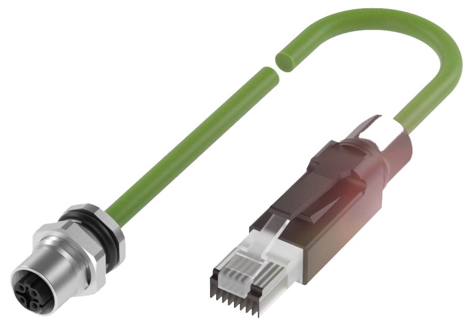 Ein grünes Ethernet- und Rundsteckerkabel mit Metallverbindungen, zeigt eine Verbindungslösung für industrielle Anwendungen.