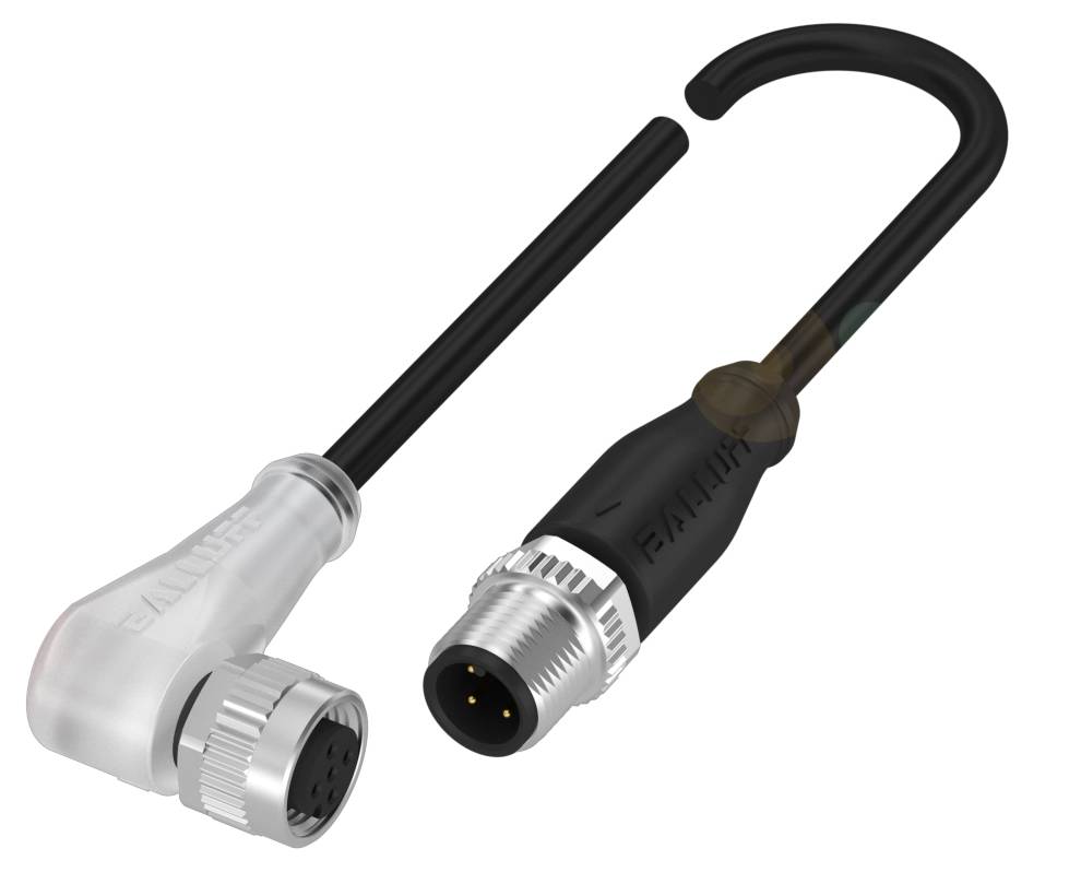 Ein gerader und ein gewinkelter elektrischer Stecker mit schwarzen Kabeln. Beide haben runde Metall-Enden mit mehreren Pins für Verbindungen.