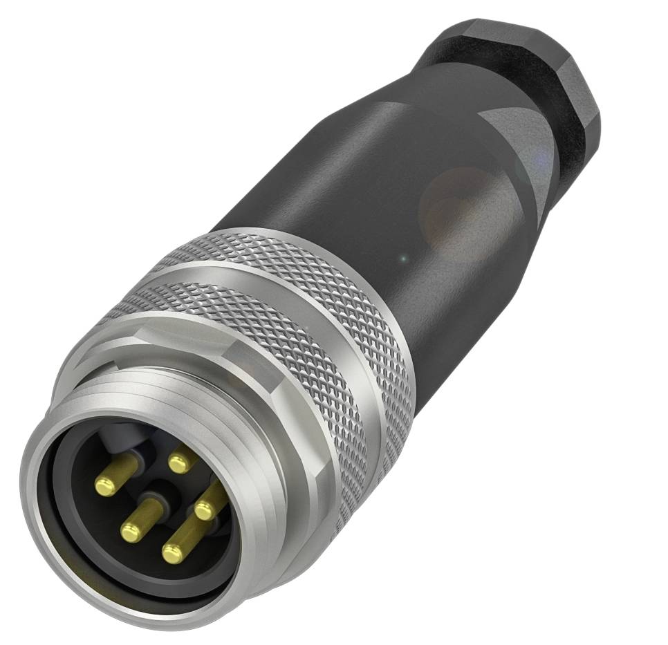 Ein schwarzer, zylindrischer Steckverbinder mit silbernen Gewinden und fünf goldenen Steckkontakten.