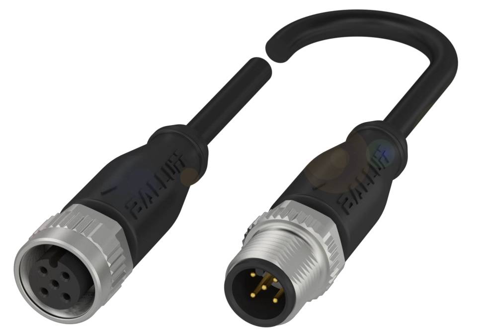 M12-Steckverbinder: Links mit Buchse, rechts mit Stecker. Schwarze Kabel, silberne Metallverschlüsse.