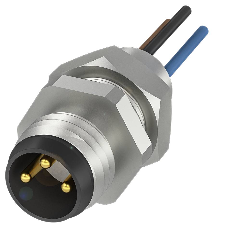 M12-Stecker mit drei farbigen Adern: schwarz, braun, blau. Verwendet für industrielle Verbindungen und Sensorik.