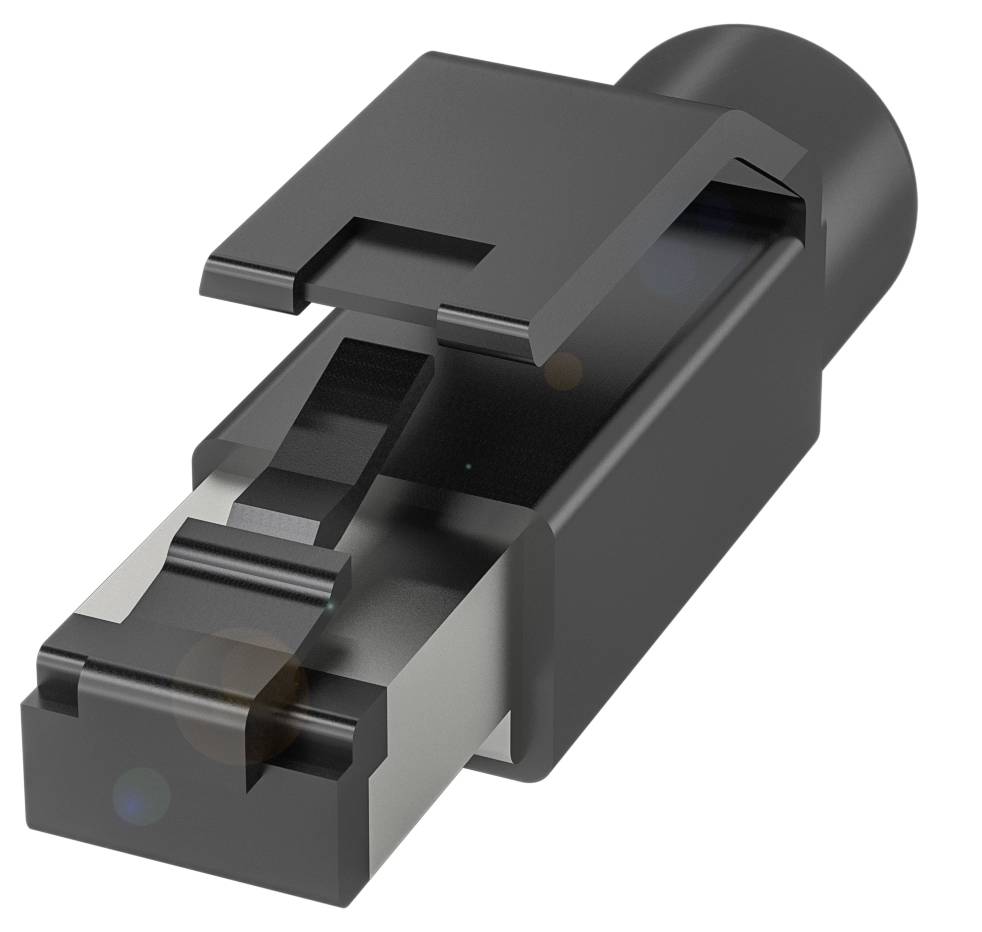 Ein schwarzer elektronischer Steckverbinder mit rechteckiger Form und einem Klappmechanismus oben, auf weißem Hintergrund.