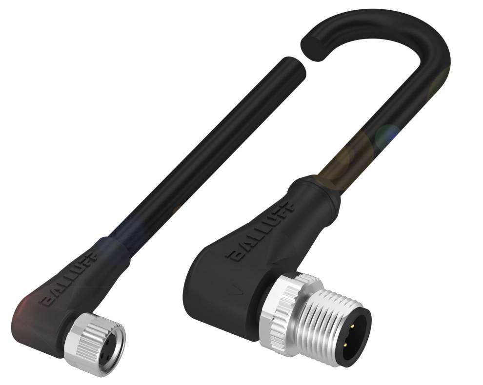 Graues, gewinkeltes Kabel mit einem M12-Stecker rechts, geeignet für industrielle Anwendungen, und flexibel für enge Räume.
